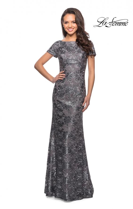 Picture of: Floor Length Short Sleeve Lace Dress in Gunmetal, Style: 27884, Detail Picture 1