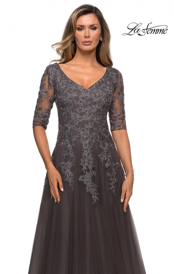 Picture of: Long A-line Dress with Lace Bodice and V-neck in Gunmetal, Style: 27993, Detail Picture 1