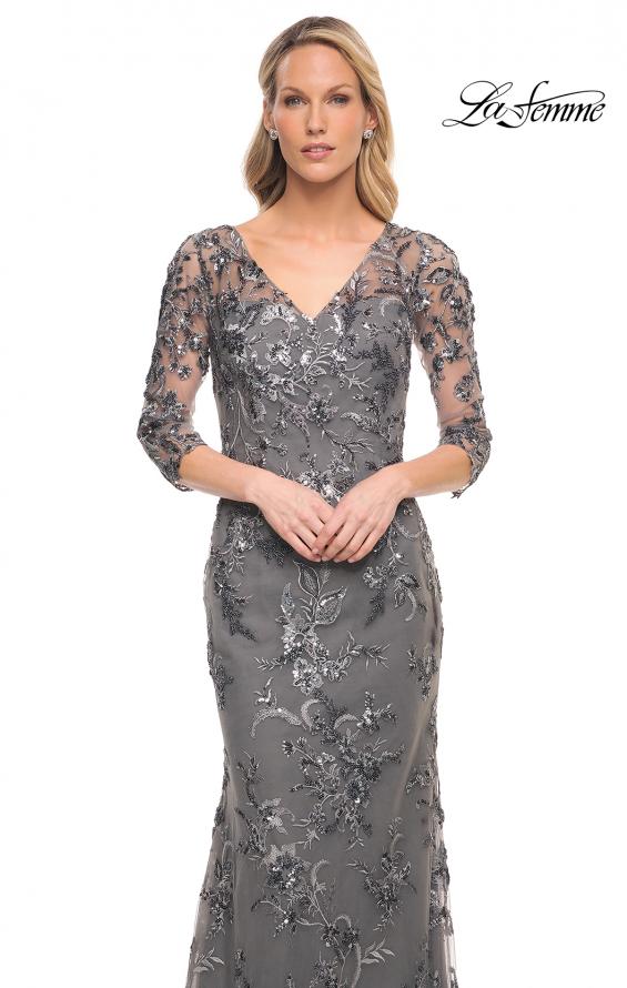 Picture of: Exquisite Lace Beaded Long GOwn with Sheer Sleeves in Silver, Style: 29976, Detail Picture 1