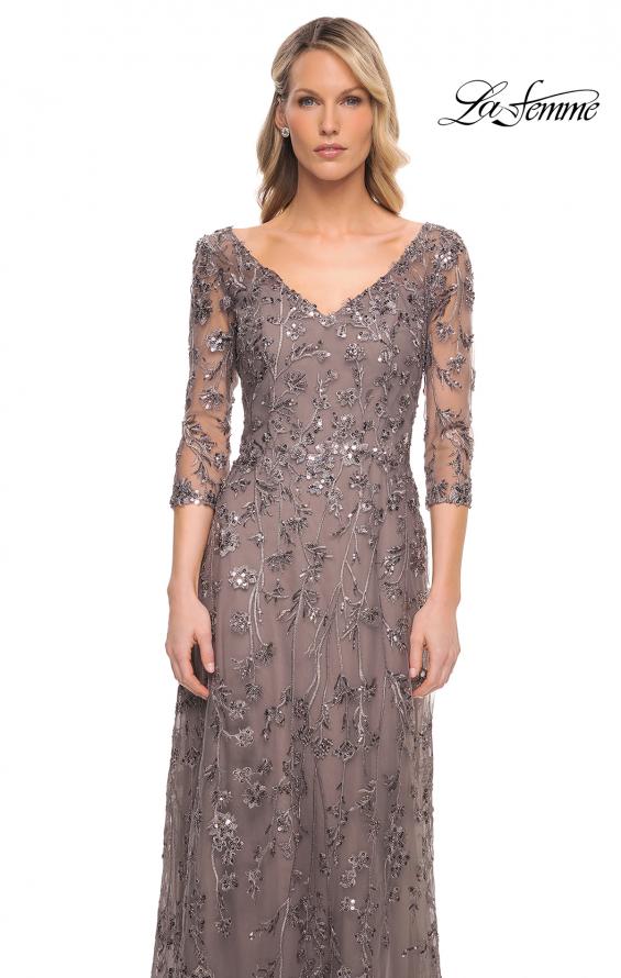 Picture of: Beaded Lace Gown with V Neckline and Sheer Sleeves in Silver, Style: 29994, Detail Picture 1