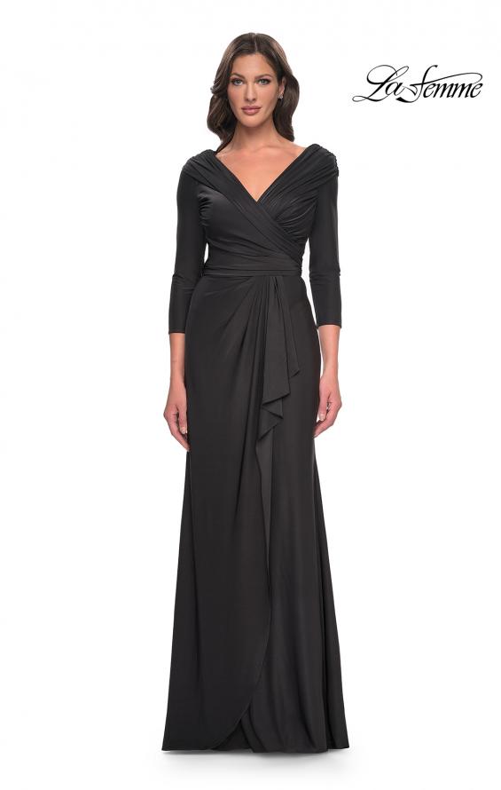 Picture of: Ruched Long Dress with Ruffle Skirt Detail and Sleeves in Gunmetal, Style: 30845, Detail Picture 1