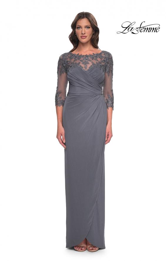 Picture of: Long Jersey Evening Dress with Lace Detail Neckline and Sleeves in Gunmetal, Style: 31093, Detail Picture 1