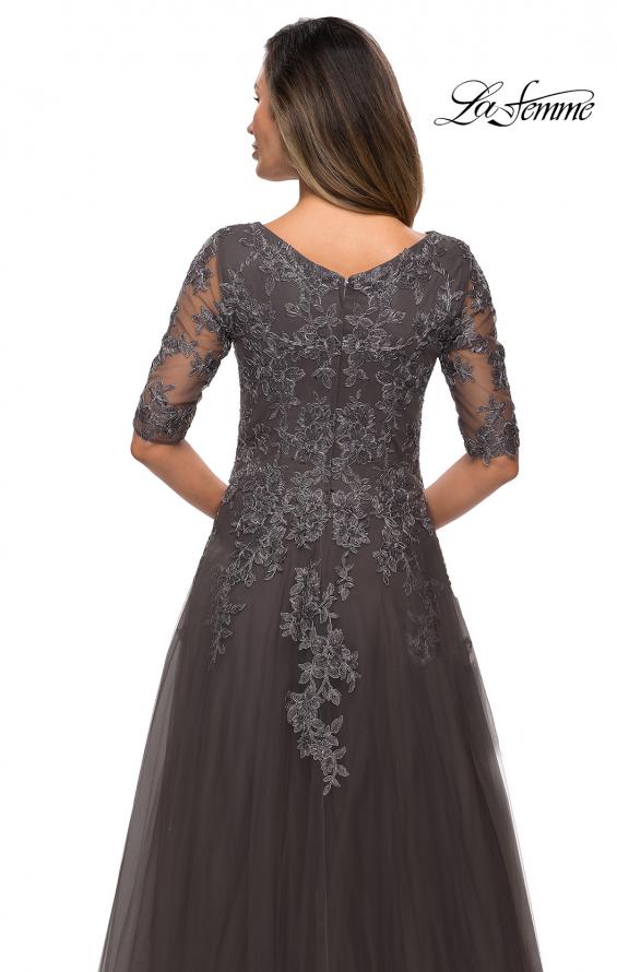 Picture of: Long A-line Dress with Lace Bodice and V-neck in Gunmetal, Style: 27993, Detail Picture 2