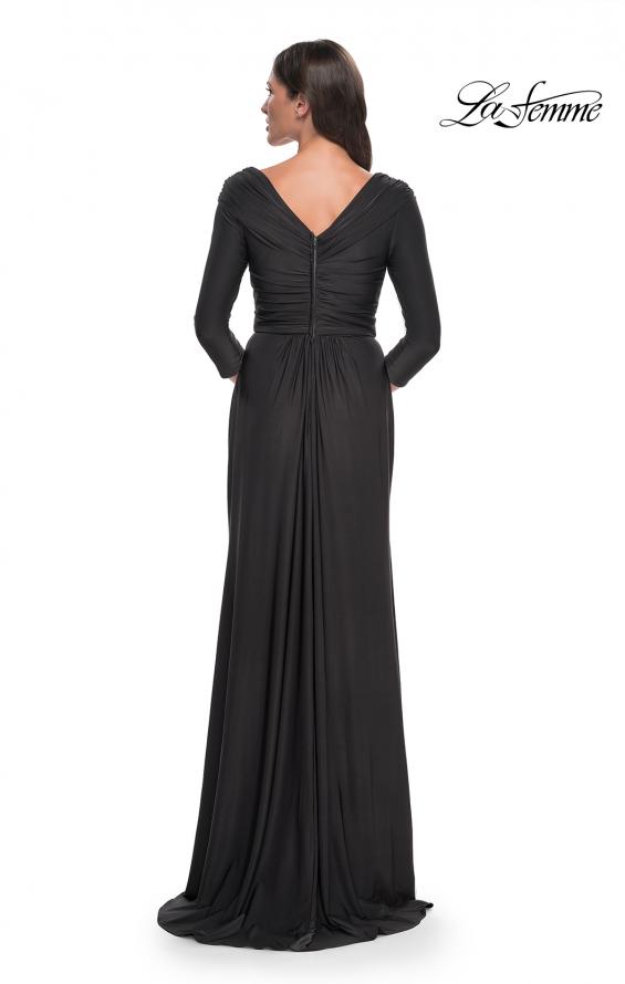 Picture of: Ruched Long Dress with Ruffle Skirt Detail and Sleeves in Gunmetal, Style: 30845, Detail Picture 2