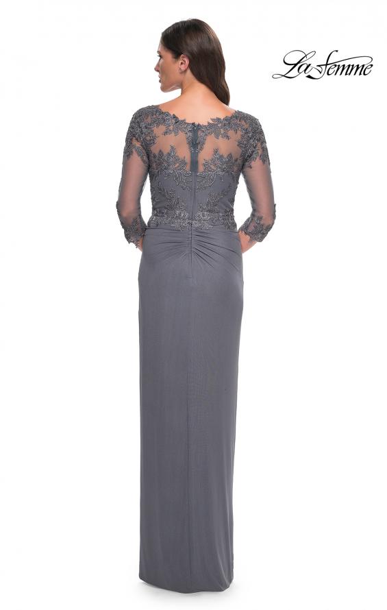 Picture of: Long Jersey Evening Dress with Lace Detail Neckline and Sleeves in Gunmetal, Style: 31093, Detail Picture 2