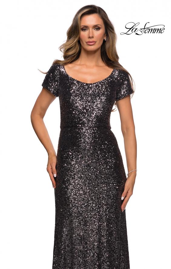 Picture of: Long Sequin Evening Dress with Cap Sleeves in Gunmetal, Style: 27916, Detail Picture 3
