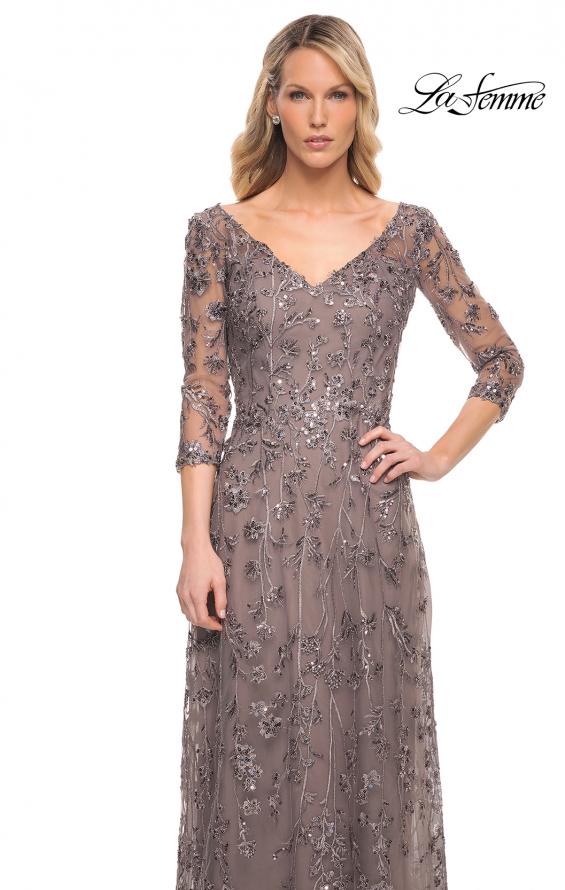 Picture of: Beaded Lace Gown with V Neckline and Sheer Sleeves in Silver, Style: 29994, Detail Picture 3