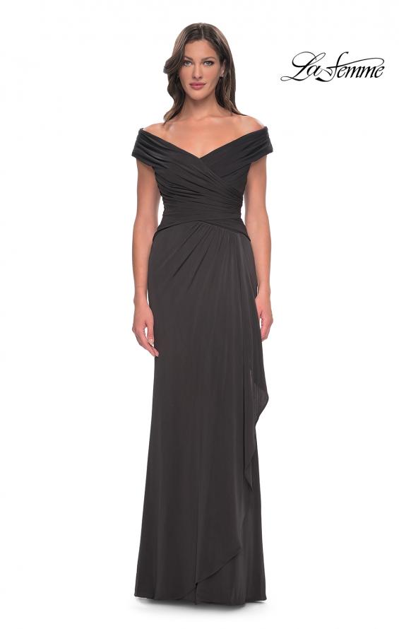 Picture of: Long Luxurious Jersey Off the Shoulder Evening Gown in Gunmetal, Style: 30040, Detail Picture 3