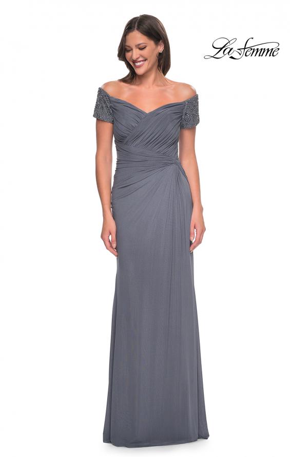 Picture of: Net Jersey Long Gown with Exquisite Beaded Design in Gunmetal, Style: 30057, Detail Picture 3