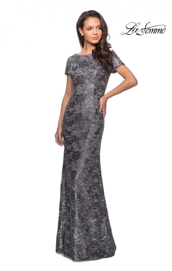 Picture of: Floor Length Short Sleeve Lace Dress in Gunmetal, Style: 27884, Detail Picture 4