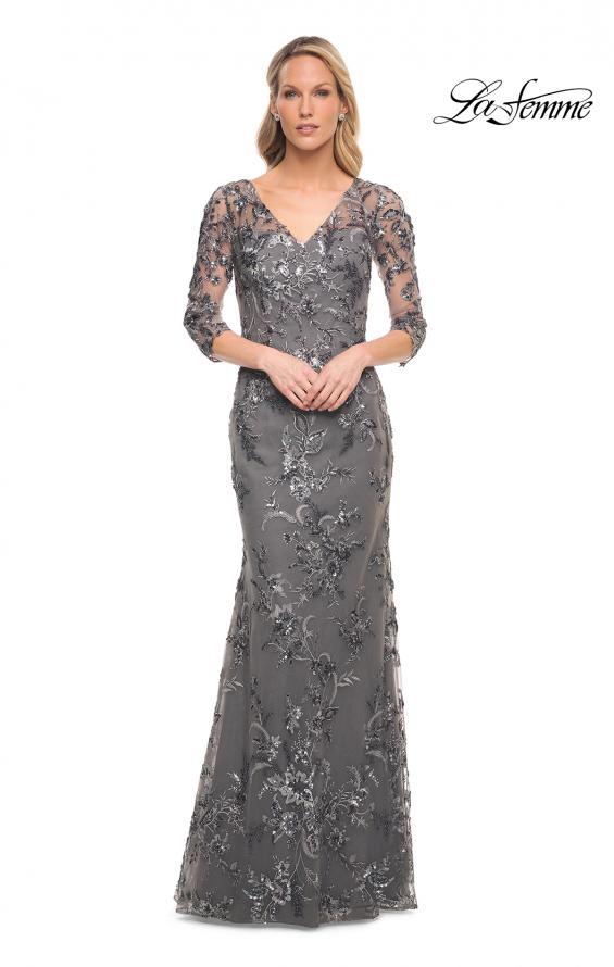 Picture of: Exquisite Lace Beaded Long GOwn with Sheer Sleeves in Silver, Style: 29976, Detail Picture 4