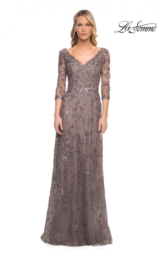 Picture of: Beaded Lace Gown with V Neckline and Sheer Sleeves in Silver, Style: 29994, Detail Picture 4