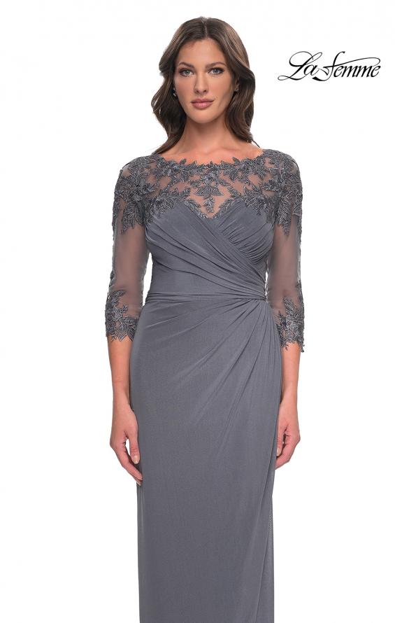 Picture of: Long Jersey Evening Dress with Lace Detail Neckline and Sleeves in Gunmetal, Style: 31093, Detail Picture 5