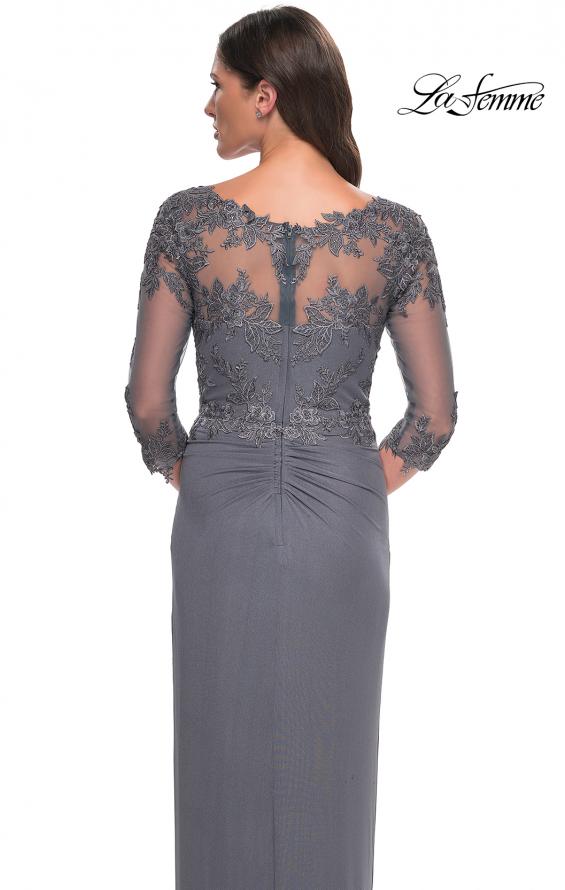 Picture of: Long Jersey Evening Dress with Lace Detail Neckline and Sleeves in Gunmetal, Style: 31093, Detail Picture 6