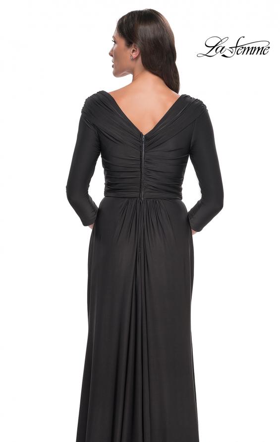 Picture of: Ruched Long Dress with Ruffle Skirt Detail and Sleeves in Gunmetal, Style: 30845, Detail Picture 7