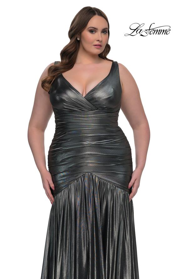 Picture of: Gorgeous Metallic Curve Dress with V Neck and Ruching in Gunmetal , Style: 33021, Detail Picture 10