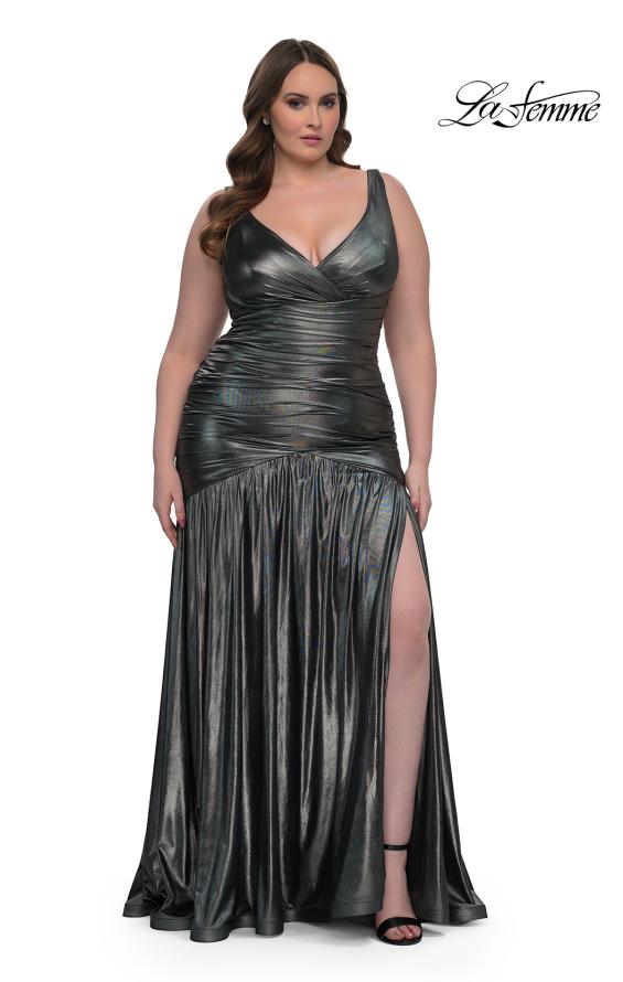 Picture of: Gorgeous Metallic Curve Dress with V Neck and Ruching in Gunmetal , Style: 33021, Detail Picture 2