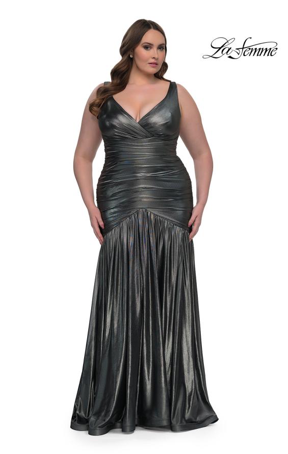 Picture of: Gorgeous Metallic Curve Dress with V Neck and Ruching in Gunmetal , Style: 33021, Detail Picture 4
