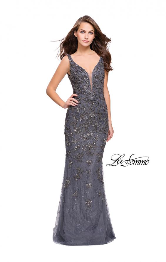 Picture of: Form Fitting Prom Dress with Metallic Beading and V Neck in Gunmetal, Style: 26054, Main Picture
