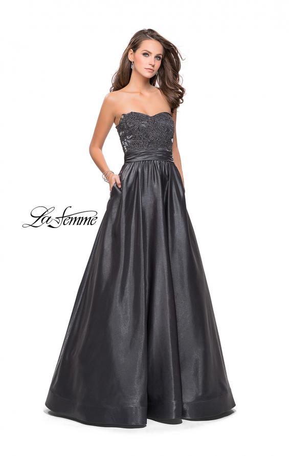 Picture of: Metallic Lace Satin A-line Gown with Pockets in Gunmetal, Style: 26151, Main Picture