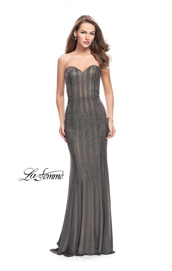 Picture of: Long Strapless Prom Gown with Beading and Low Back in Gunmetal, Style: 26289, Main Picture