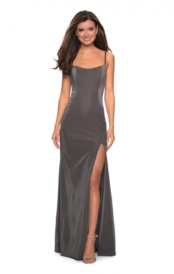 Picture of: Simple Long Prom Dress with Strappy Beaded Back in Gunmetal, Style: 27089, Main Picture