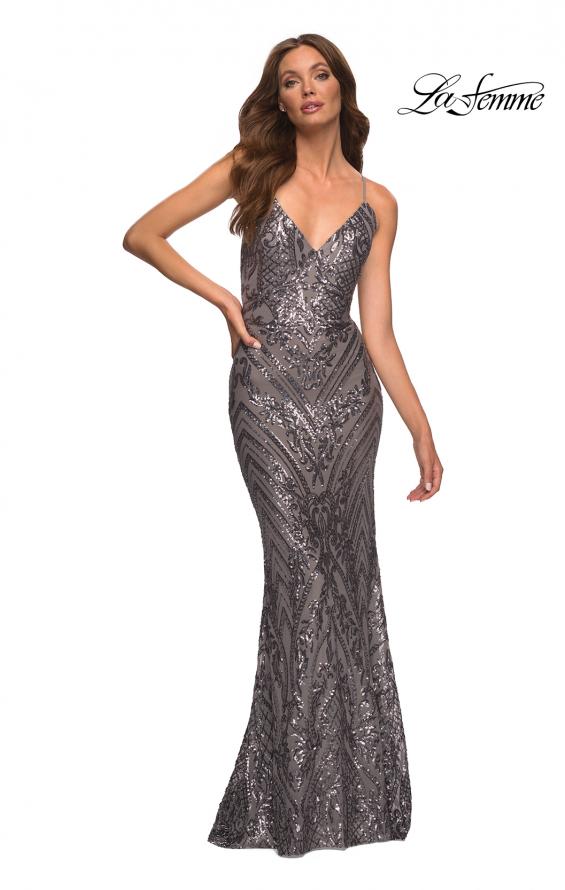 Picture of: Print Sequin Gown in Jewel Tones with V Neckline in Silver, Style: 30496, Detail Picture 8