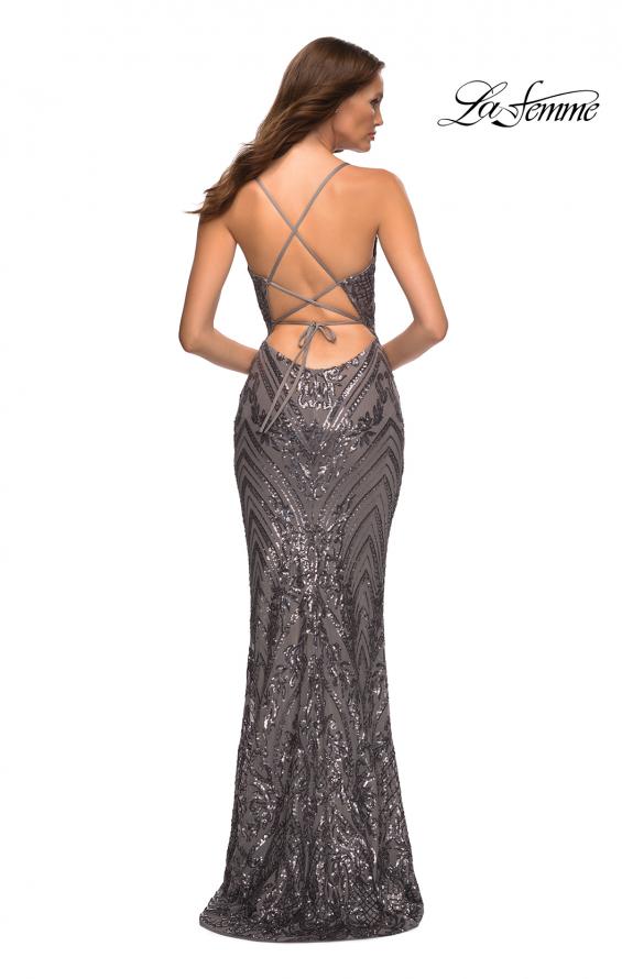Picture of: Print Sequin Gown in Jewel Tones with V Neckline in Silver, Style: 30496, Detail Picture 9