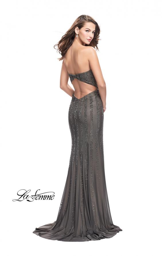 Picture of: Long Strapless Prom Gown with Beading and Low Back in Gunmetal, Style: 26289, Back Picture