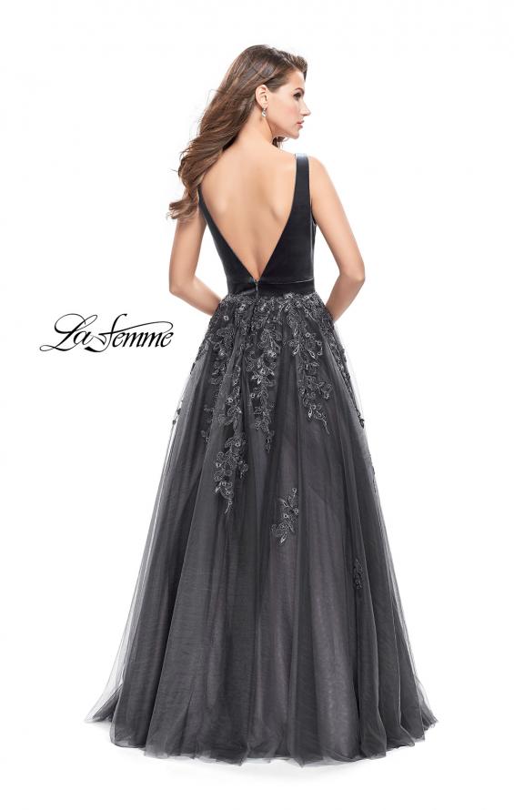 Picture of: A-line Prom Gown with Tulle Skirt and Velvet Bodice in Gunmetal, Style: 26382, Back Picture
