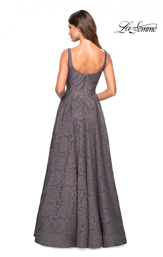 Picture of: Long Lace Prom Dress with Attached Shorts in Gunmetal, Style: 27476, Back Picture