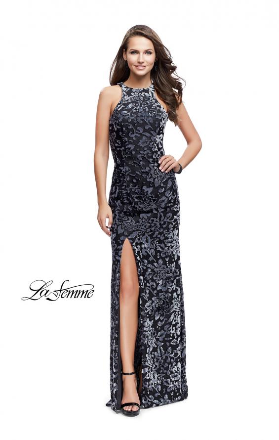 Picture of: Long Velvet Patterned Dress with Open Strappy Back in Gunmetal, Style: 25512, Detail Picture 1