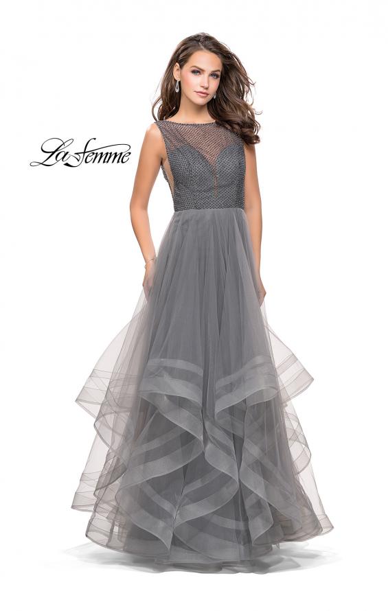 Picture of: Ball Gown with Ruffle Tulle Skirt and Beading in Gunmetal, Style: 25620, Detail Picture 1