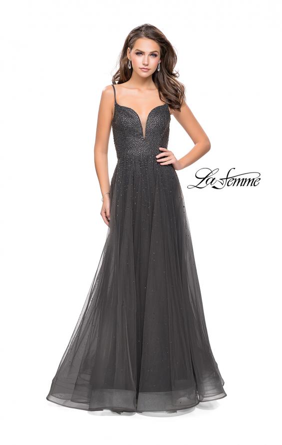 Picture of: A-line Dress with Rhinestones and Tulle Skirt in Gunmetal, Style: 25636, Detail Picture 1