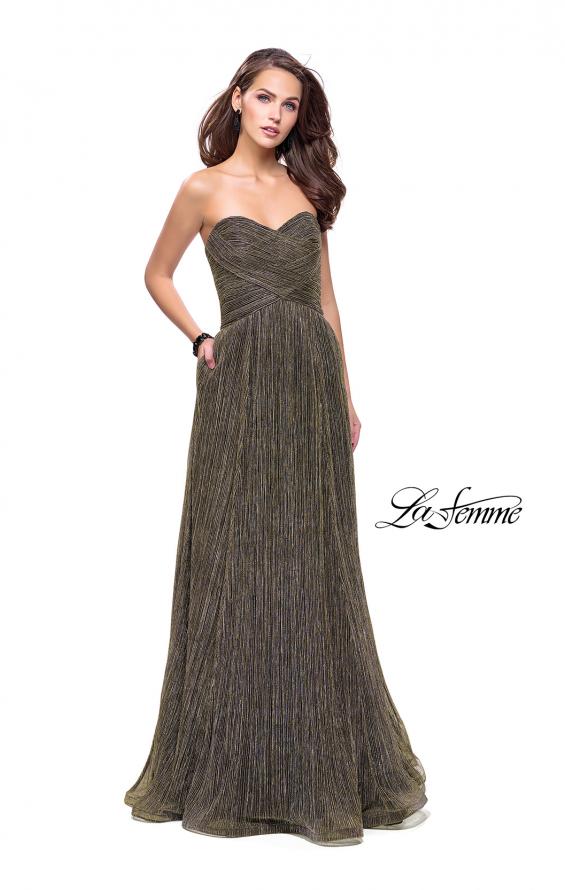Picture of: Pleated Lame A-line Prom Dress with Ruched Bodice in Gunmetal, Style: 25886, Detail Picture 1