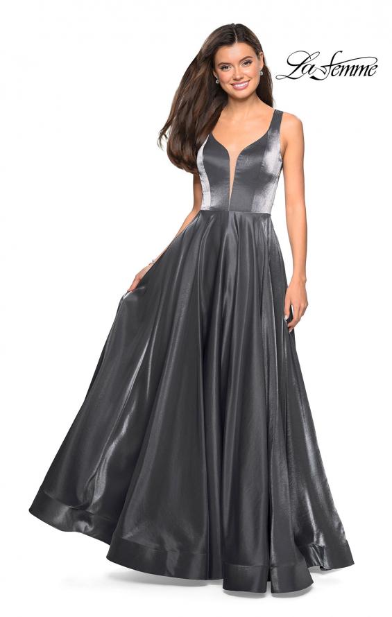 Picture of: Two Tone Satin Long Gown with Plunging Neckline in Gunmetal, Style: 27049, Detail Picture 1