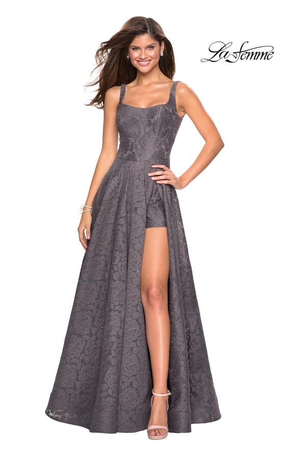 Picture of: Long Lace Prom Dress with Attached Shorts in Gunmetal, Style: 27476, Back Picture