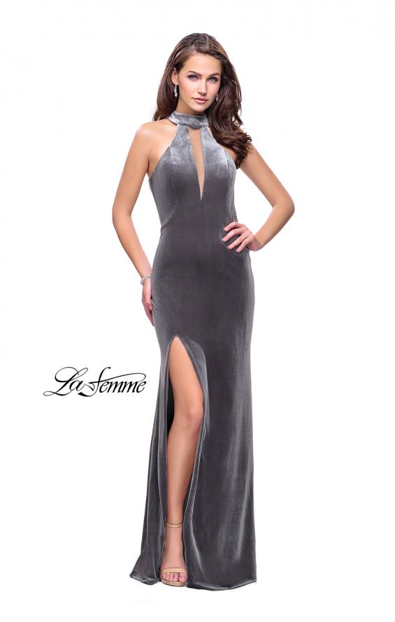 Picture of: Velvet Prom Dress with Open Back and Deep V Cut Out in Gunmetal, Style: 25292, Detail Picture 2