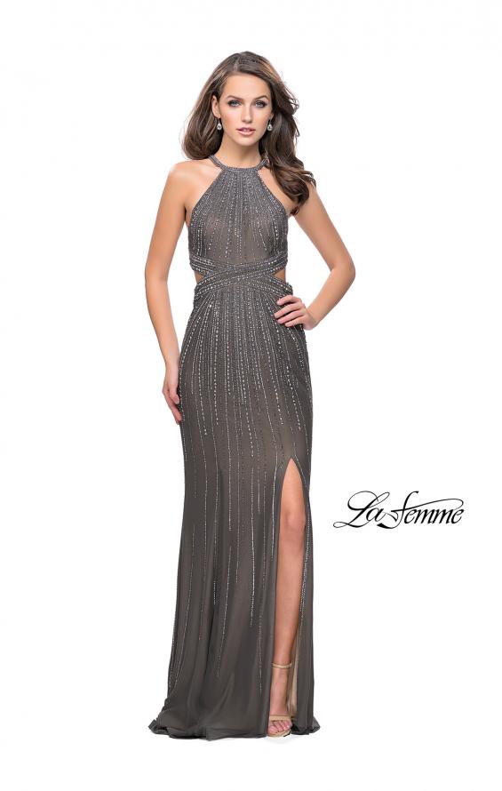 Picture of: Metallic Beaded Prom Dress with High Neck and Cut Outs in Gunmetal, Style: 26057, Detail Picture 2