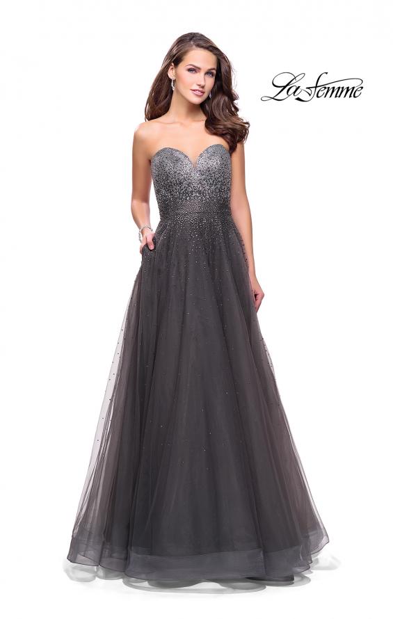 Picture of: Long Strapless Ball Gown with Metallic Ombre Rhinestones in Gunmetal, Style: 26264, Detail Picture 2