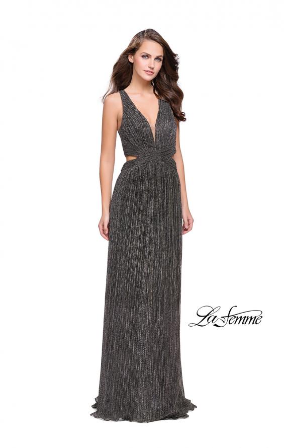 Picture of: Pleated Lame Prom Dress with Cut Outs and a Deep V in Gunmetal, Style: 25643, Detail Picture 3