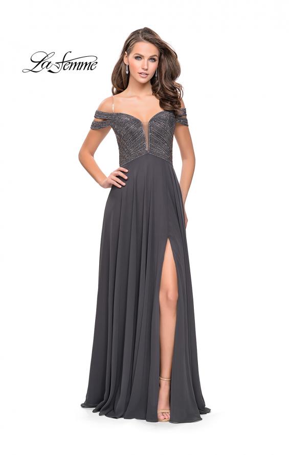 Picture of: A-Line Prom Gown with Beaded Bodice and Chiffon Skirt in Gunmetal, Style: 26059, Detail Picture 3