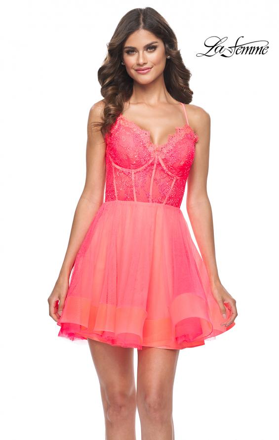 Picture of: Short Dress with Flared Skirt and Sheer Lace Bodice in Hot Coral in Hot Coral, Style: 31469, Main Picture