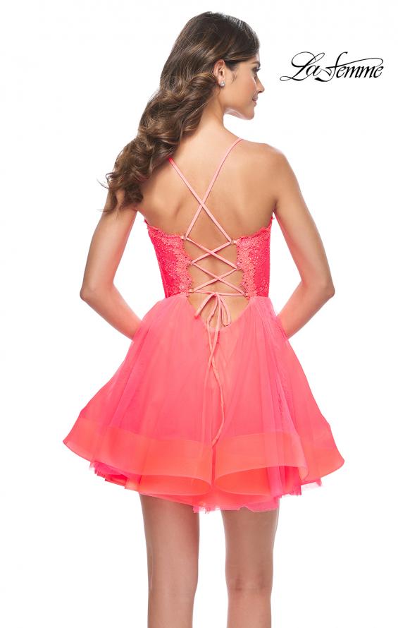 Picture of: Short Dress with Flared Skirt and Sheer Lace Bodice in Hot Coral in Hot Coral, Style: 31469, Back Picture
