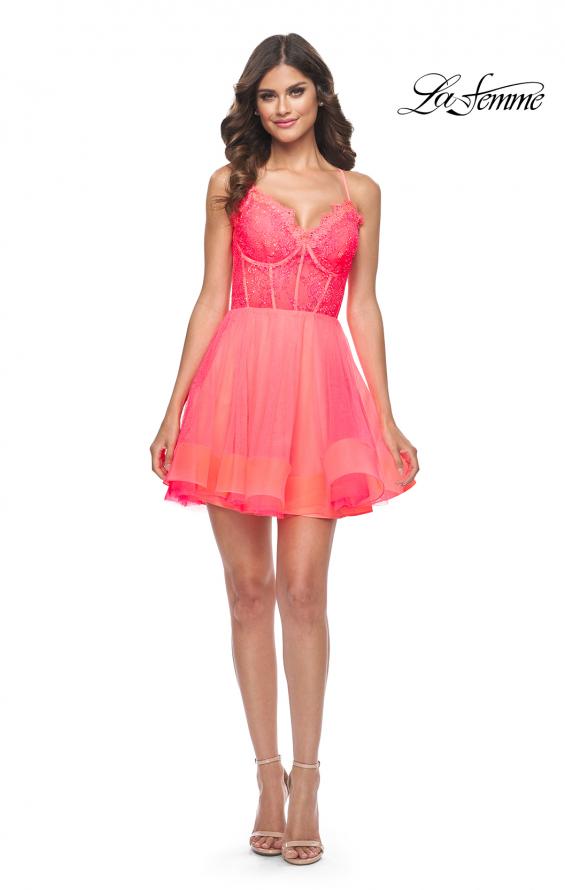 Picture of: Short Dress with Flared Skirt and Sheer Lace Bodice in Hot Coral in Hot Coral, Style: 31469, Detail Picture 1