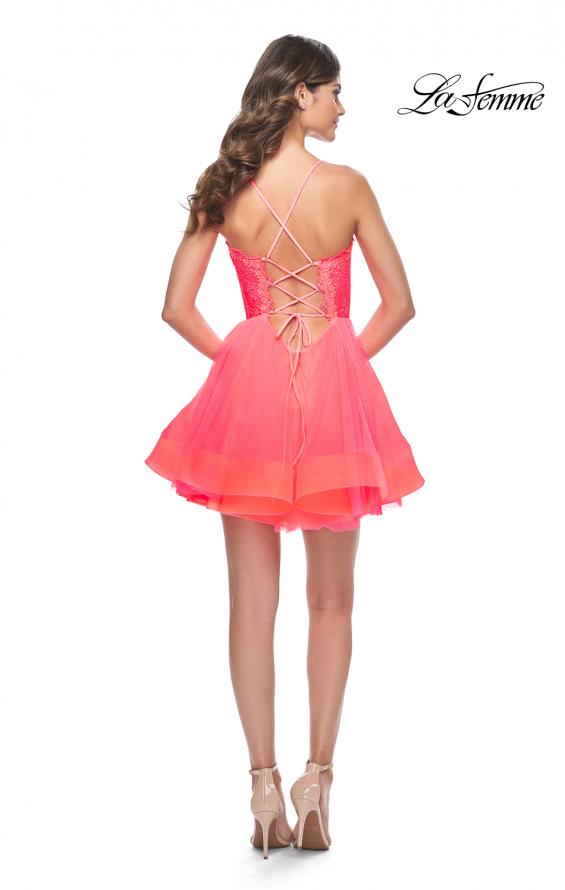 Picture of: Short Dress with Flared Skirt and Sheer Lace Bodice in Hot Coral in Hot Coral, Style: 31469, Detail Picture 2