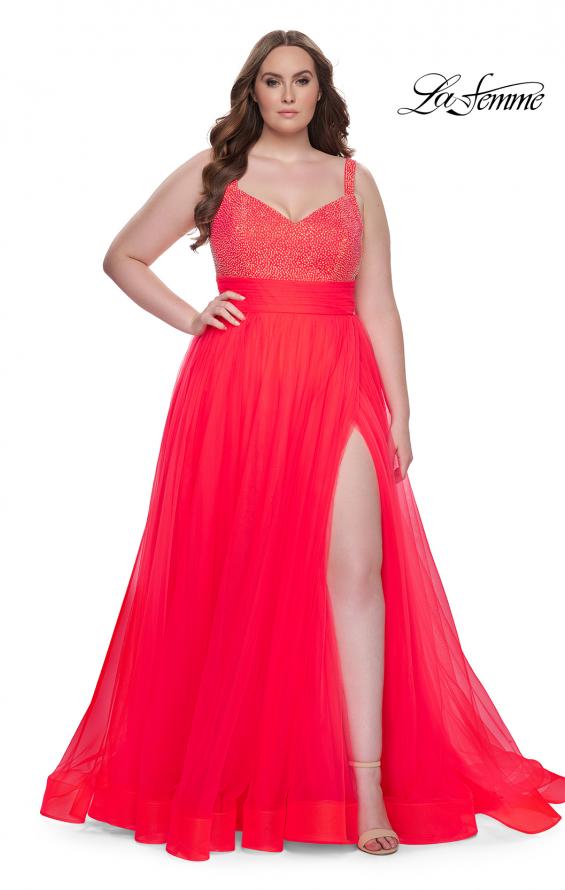 Picture of: A-Line Plus Size Prom Dress with Rhinestone Bodice in Hot Coral, Style: 31251, Detail Picture 1