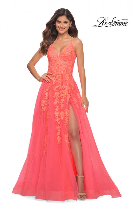Picture of: Tulle Prom Dress with Lace Detail in Hot Coral in Orange, Style: 30637, Main Picture