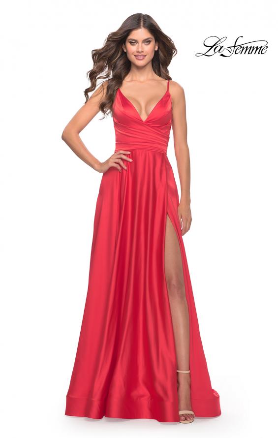 Picture of: A-Line Satin Gown with Ruched Bodice and V Neck in Neon in Hot Coral, Style: 31121, Main Picture