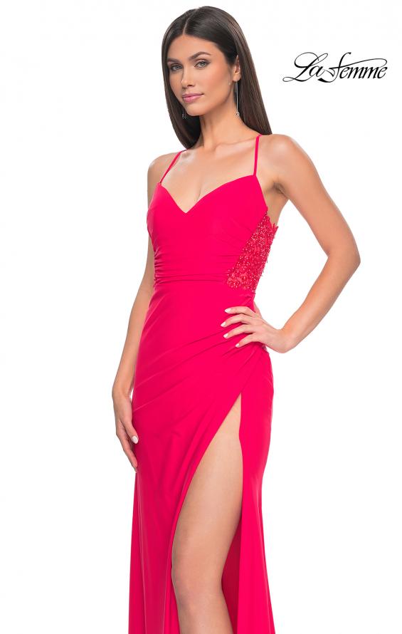 Picture of: Sheer Lace Side Panel Jersey Long Dress in Hot Coral in Hot Coral, Style: 31440, Main Picture